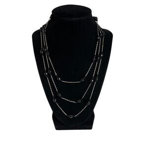 Black Beaded Station Necklace Long Layered Silver Tone Chain 28in Womens